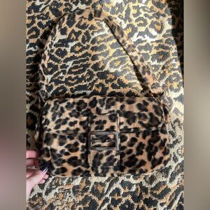 Ganni Leopard Print Faux Fur Shoulder Bag with Red Interior